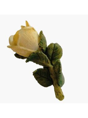 White Rose Brooch Green Leaf Details Vintage Floral Lapel Pin 1960s